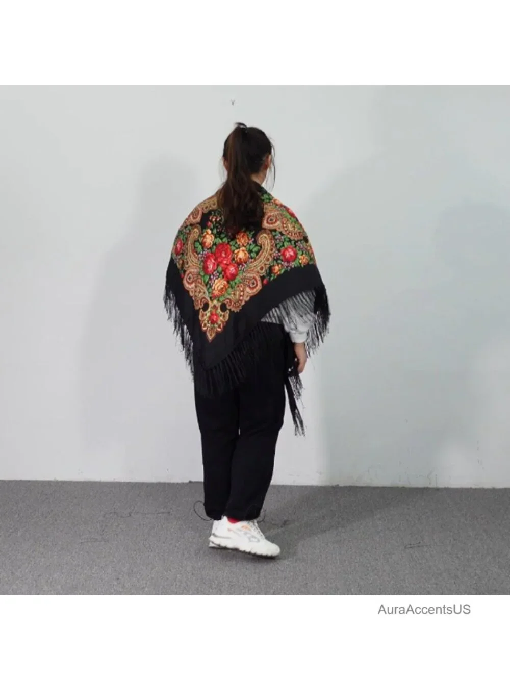 Oversized Cotton Floral Scarf Wrap Shawl Tassel Fringes Poncho